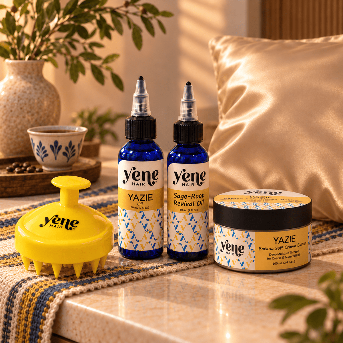 Yene Hair Protect & Maintain collection with hair oil, Crown Butter, scalp massager, satin pillowcase and grooming essentials