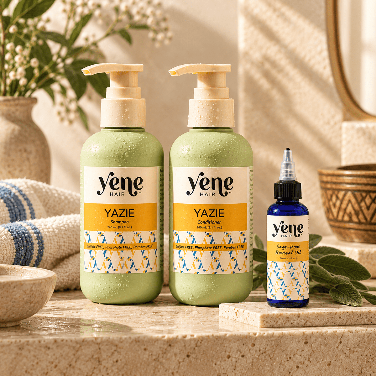 Yene Hair Wash Day Care collection featuring shampoo, conditioner, scalp oil, and wash-day hair care essentials
