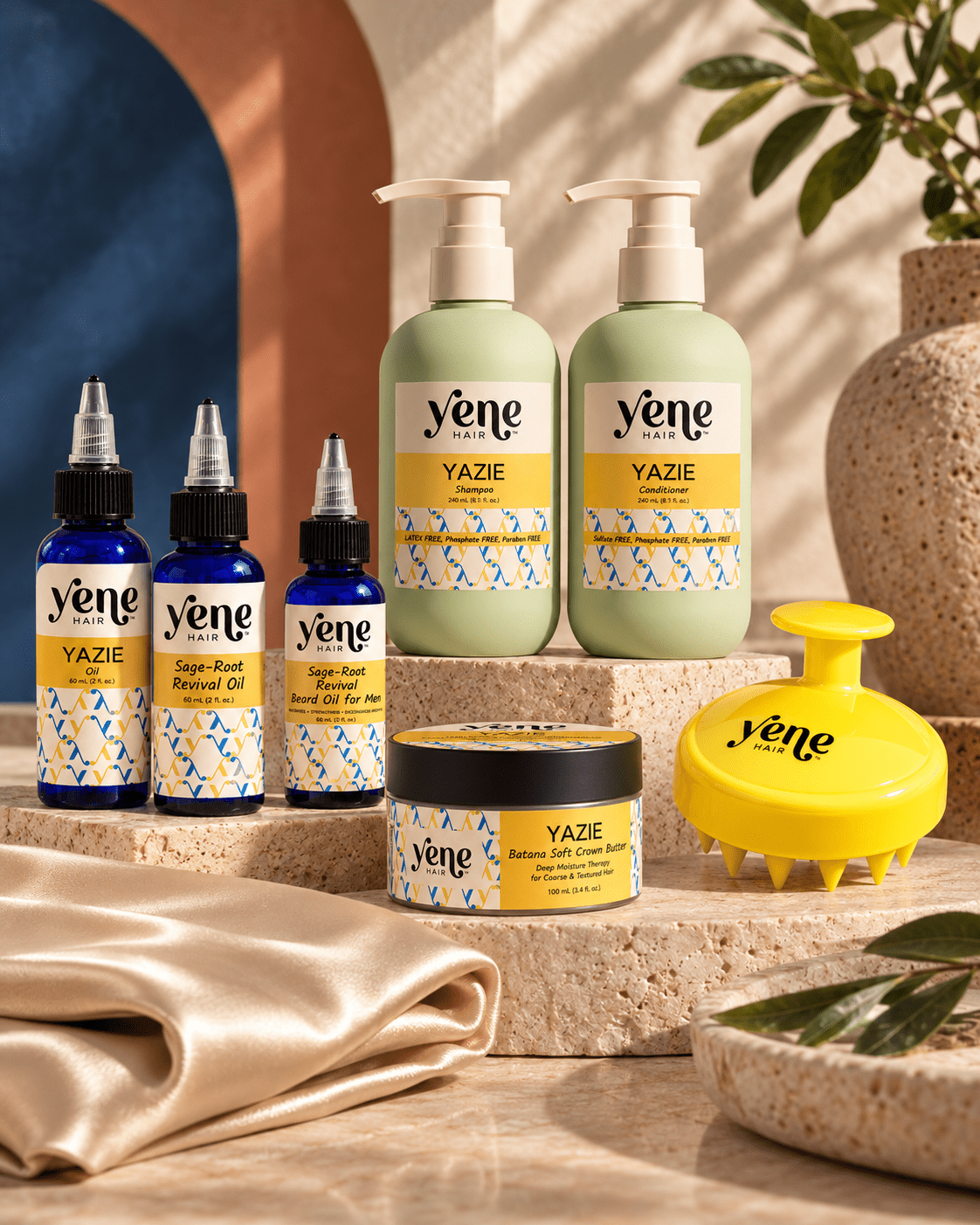 Yene Hair full collection - shampoo, conditioner, hair oil, crown butter, scalp massager, satin pillowcase & beard oil