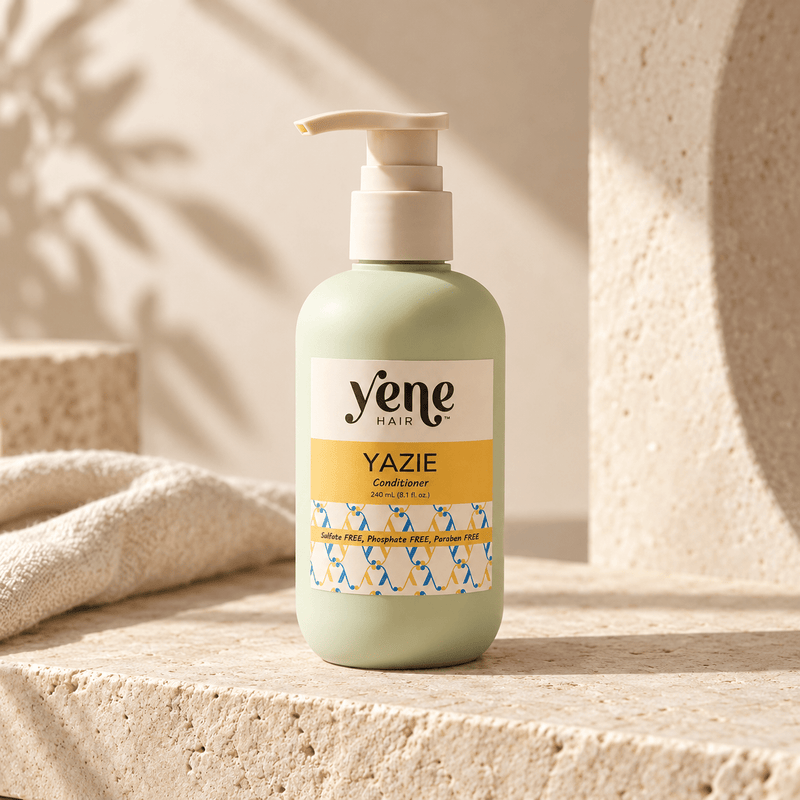 Yazie Conditioner by Yene Hair in a sage green pump bottle on a neutral stone background