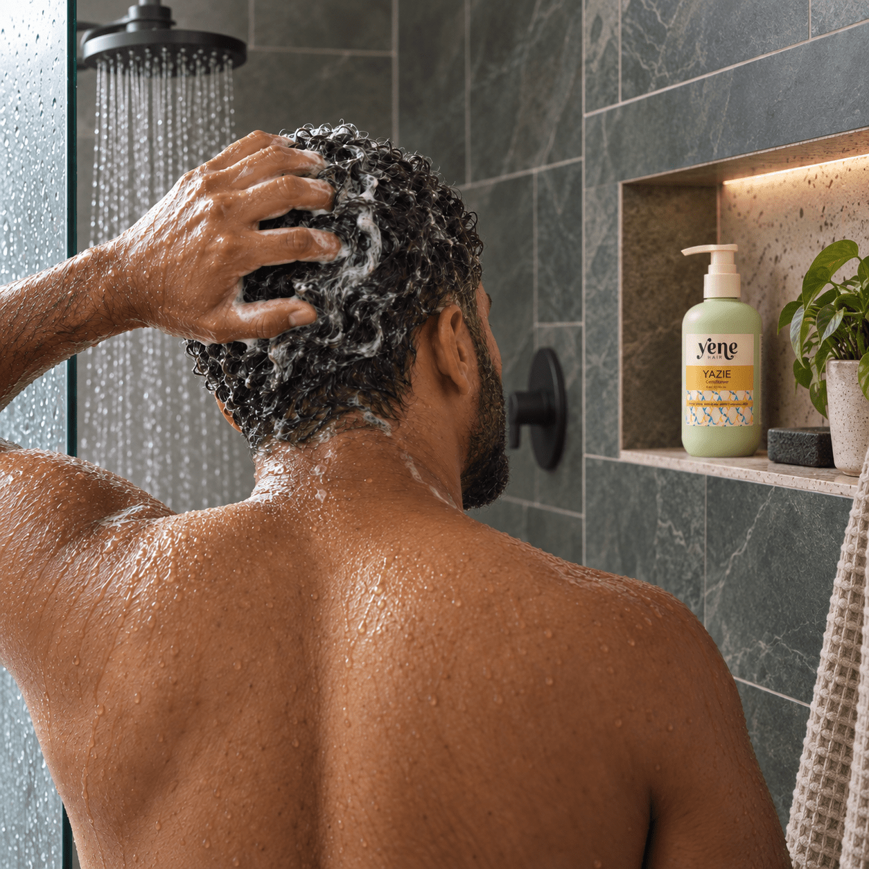 Woman working Yazie Conditioner through wet curly hair in the shower