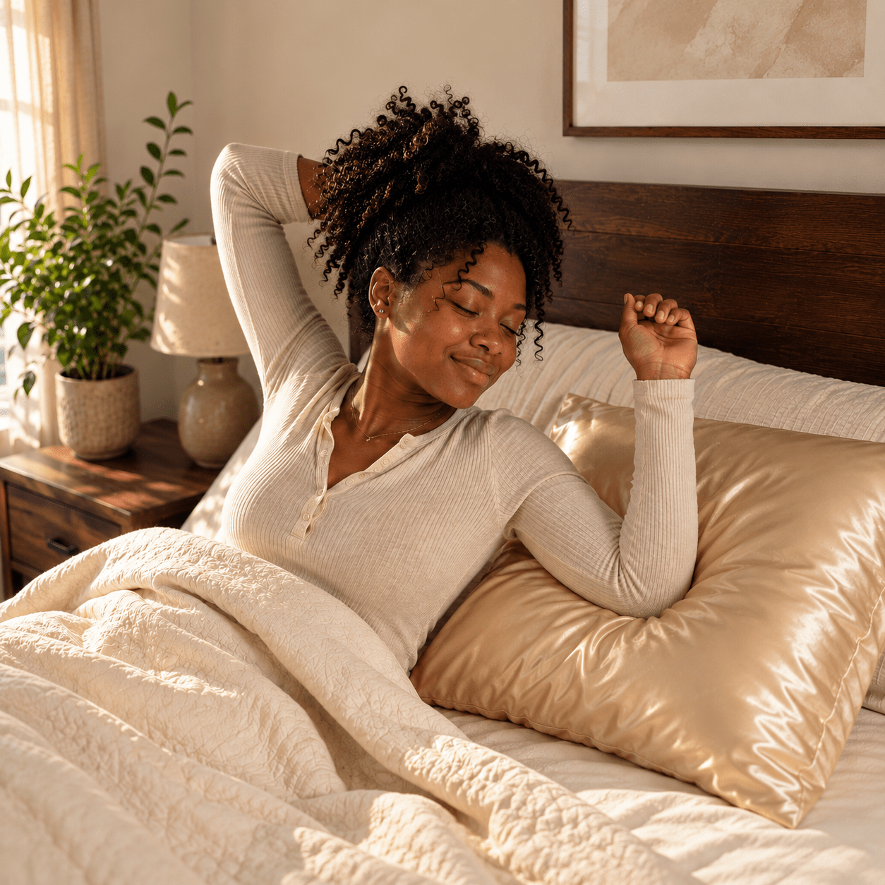 Woman relaxing in bed on a Yene Hair satin pillowcase during her nighttime hair-care routine