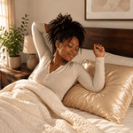 Woman relaxing in bed on a Yene Hair satin pillowcase during her nighttime hair-care routine
