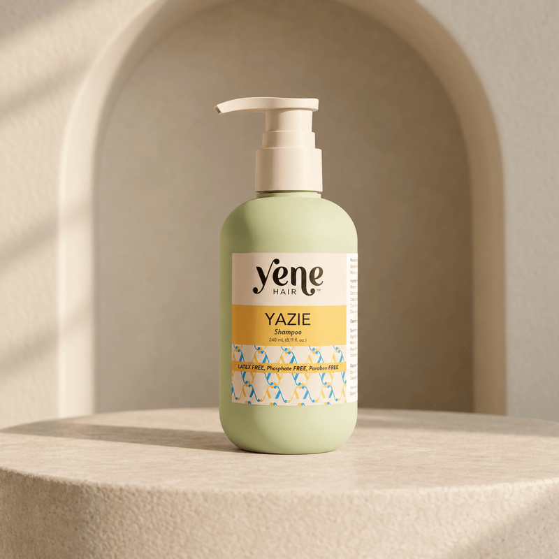 Yazie Shampoo by Yene Hair in a sage green pump bottle on a neutral stone background