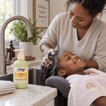 Caregiver washing a child’s curly hair with Yazie Shampoo by Yene Hair during wash day