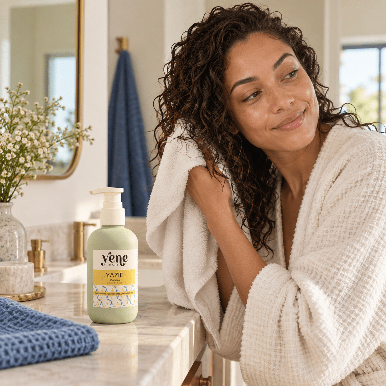 Woman with damp curly hair holding Yazie Shampoo by Yene Hair during an at-home wash-day routine