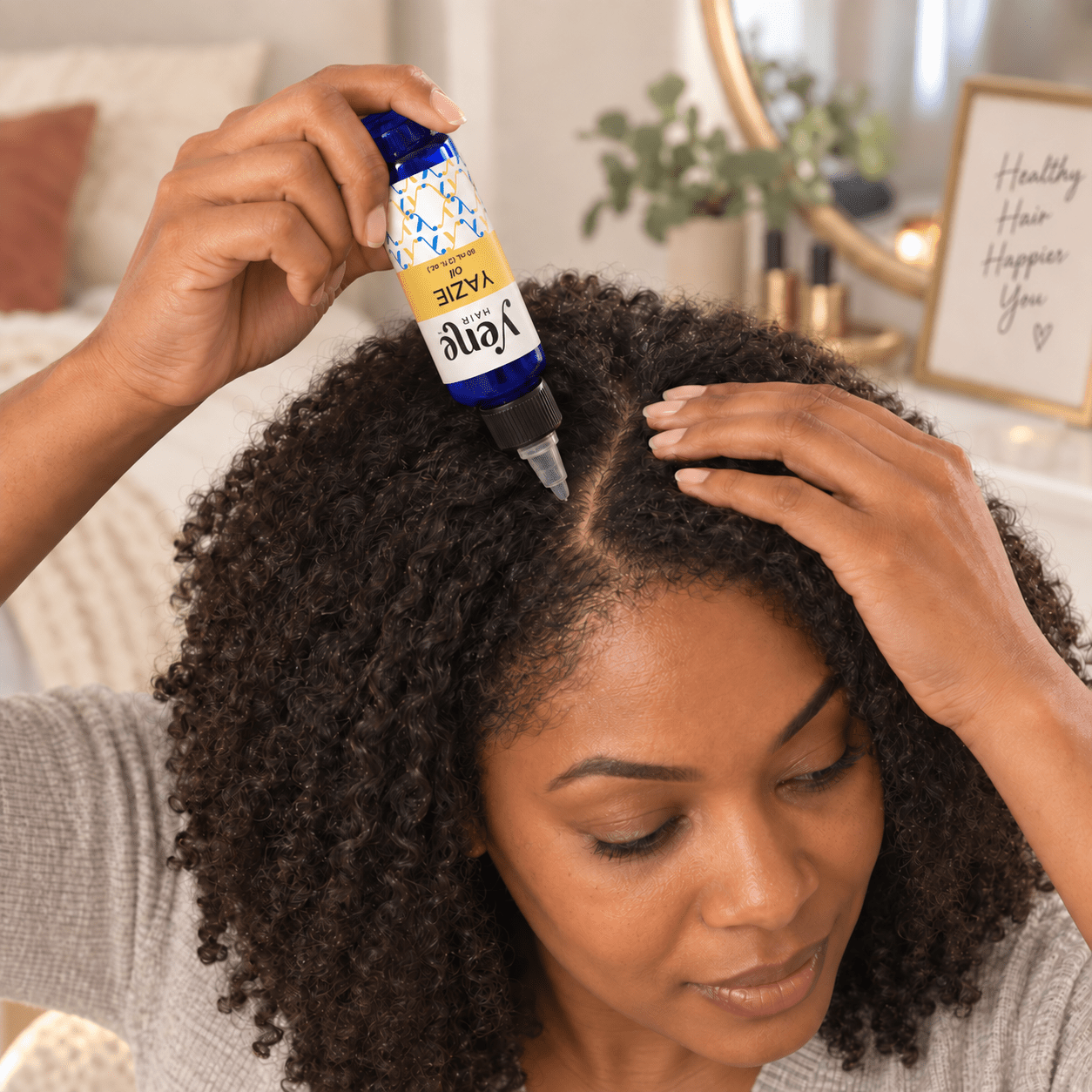 Woman applying Yazie Hair Oil by Yene Hair directly to her scalp during a hair-care routine