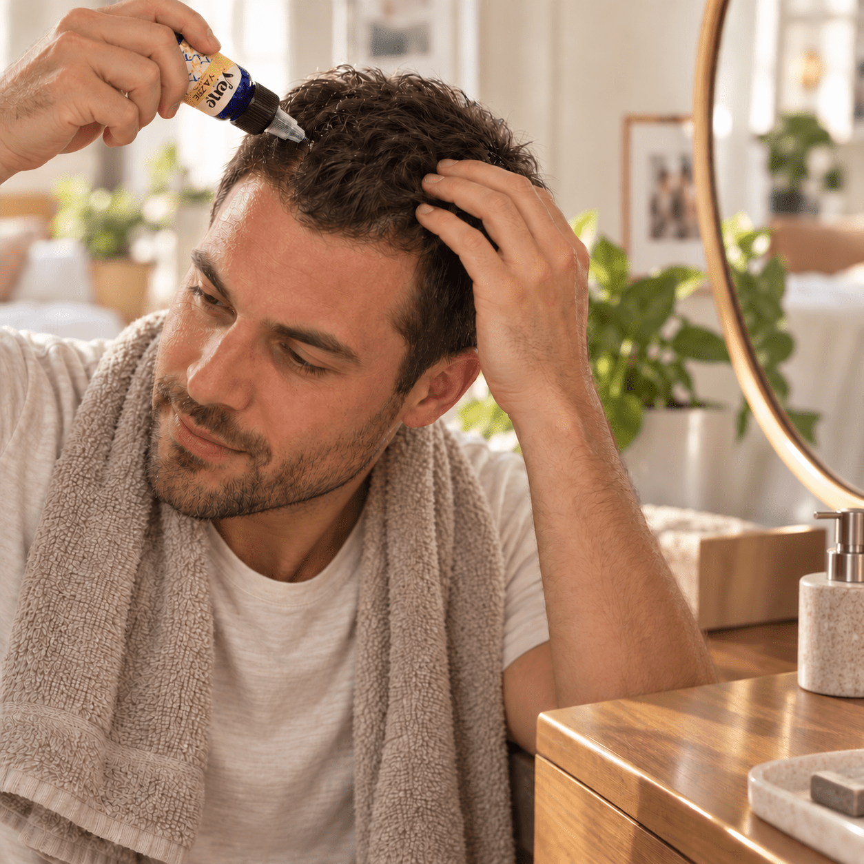 Man applying Yazie Hair Oil by Yene Hair to short hair and scalp during his grooming routine
