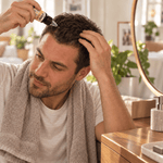Man applying Yazie Hair Oil by Yene Hair to short hair and scalp during his grooming routine